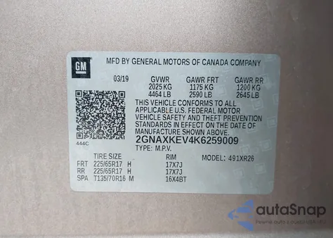 2019 Chevrolet Equinox Lt from USA, damaged, VIN 2GNAXKEV4K6259009